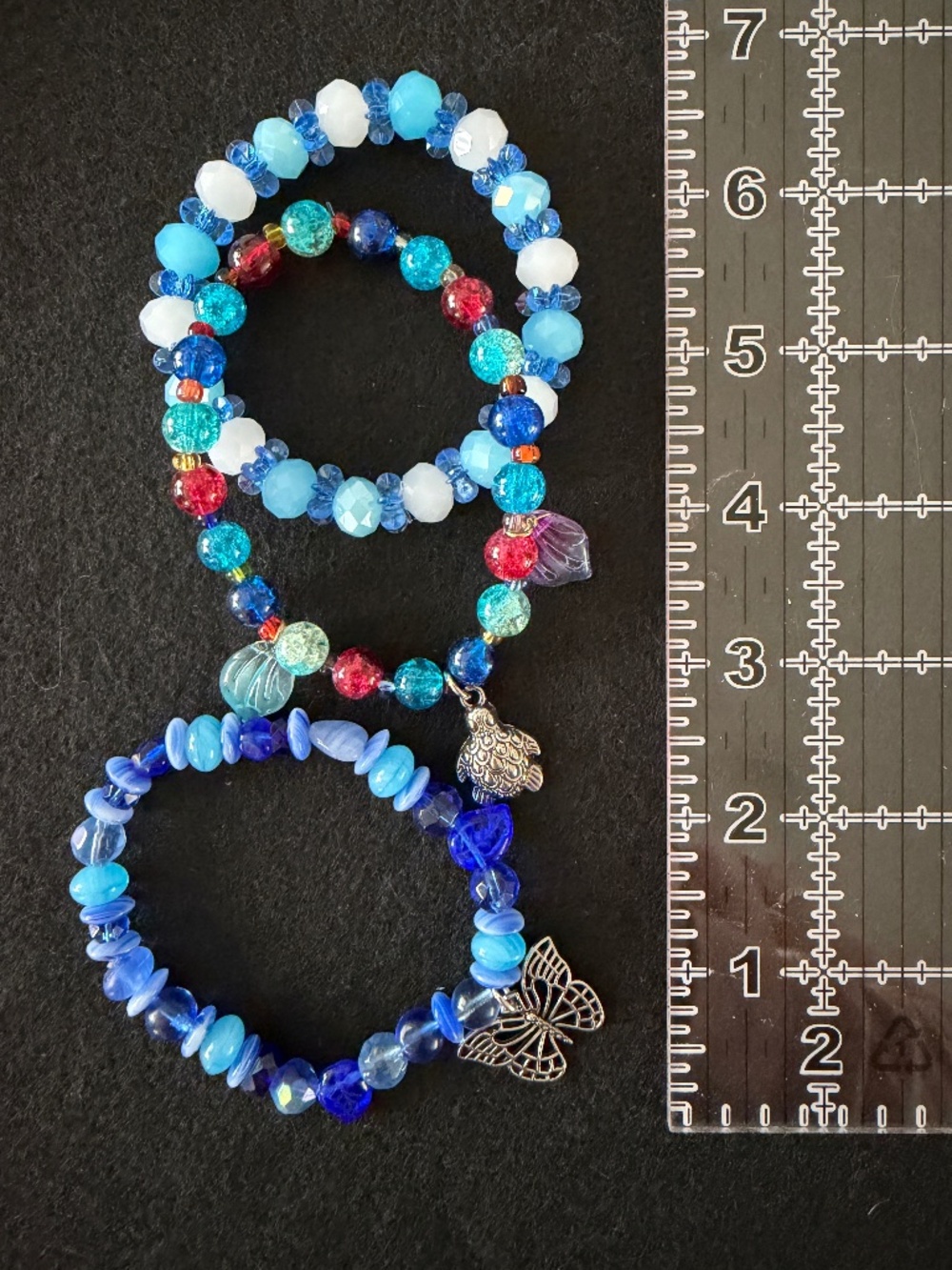 Stretchy Bracelets Set Of 3 With Blue Tones Butterfly And Turtle Charms